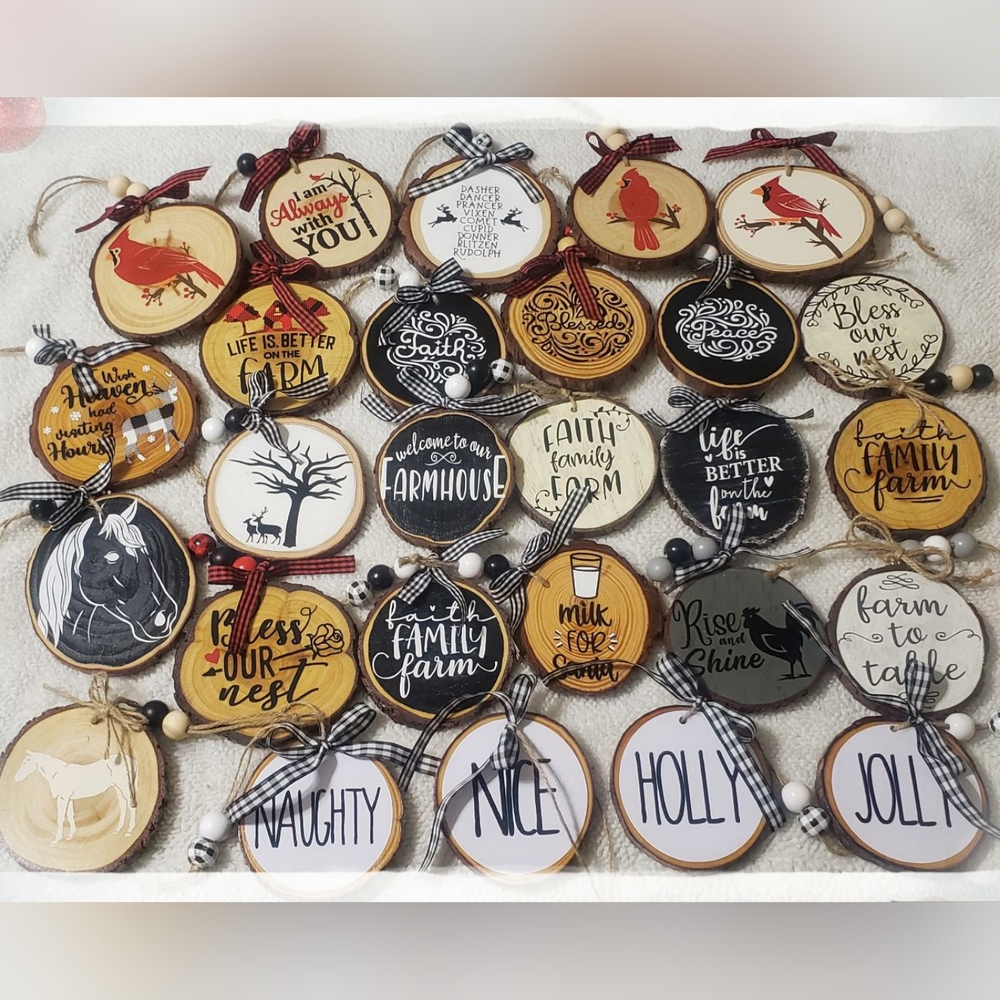 Handmade solid wood slice ornaments.3-4" diameter.Many designs & colors.